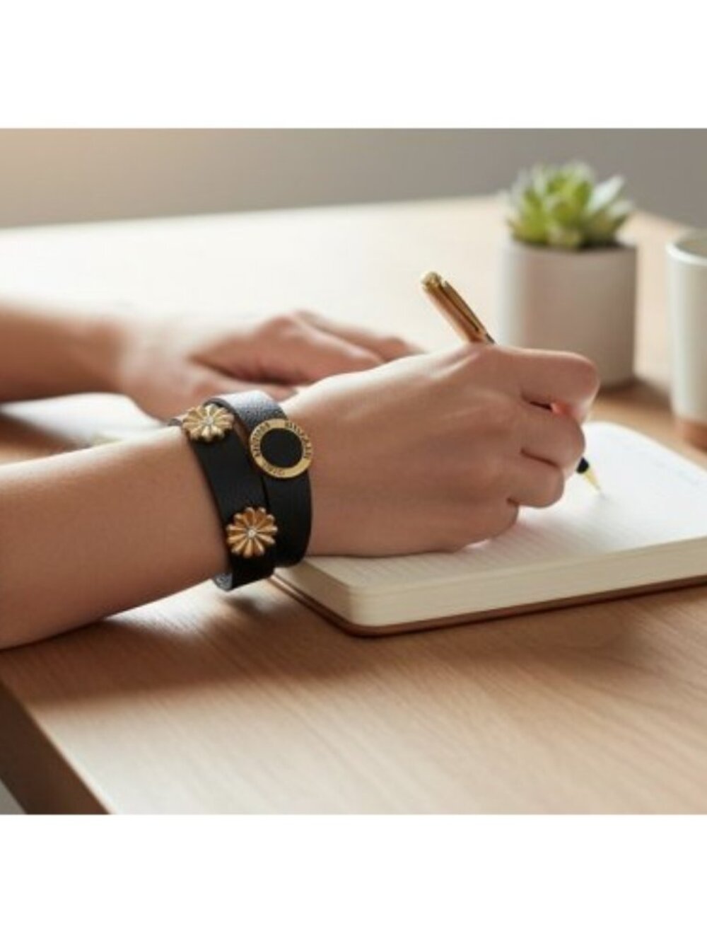 Black and Goldtone and Rhinestone Dream Leather Wrap Bracelet